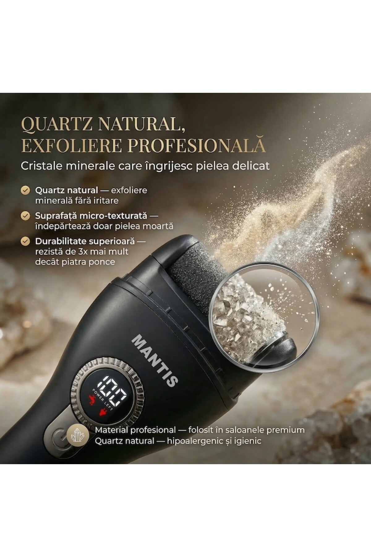 Pilă electrică profesională PEARL pentru tălpi și călcâie, îndepărtează pielea moartă și bătăturile, 3 role abrazive, afișaj digital, 2000 RPM, IPX7, lanternă LED, baterie de 1200mAh, încărcare USB