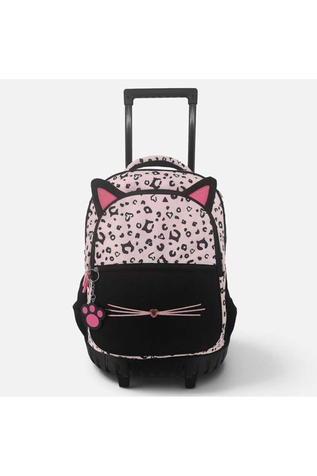 Ghiozdan Troler Scoala Primara Negru & Roz cu Leopard, Pisicuta & Breloc 33x20x38cm