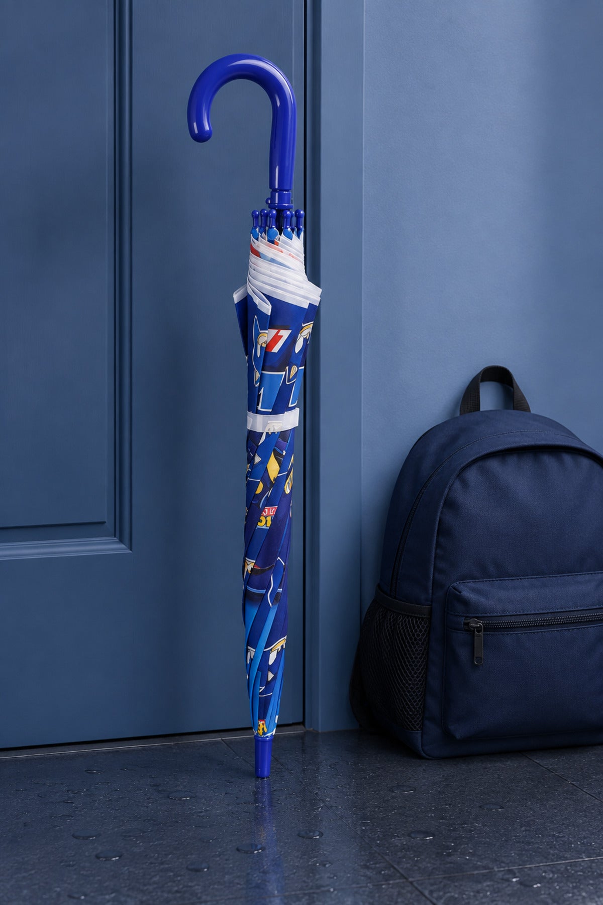 Umbrela de Ploaie Baston Automata Bleu cu Model Sonic pentru Copii 66cm