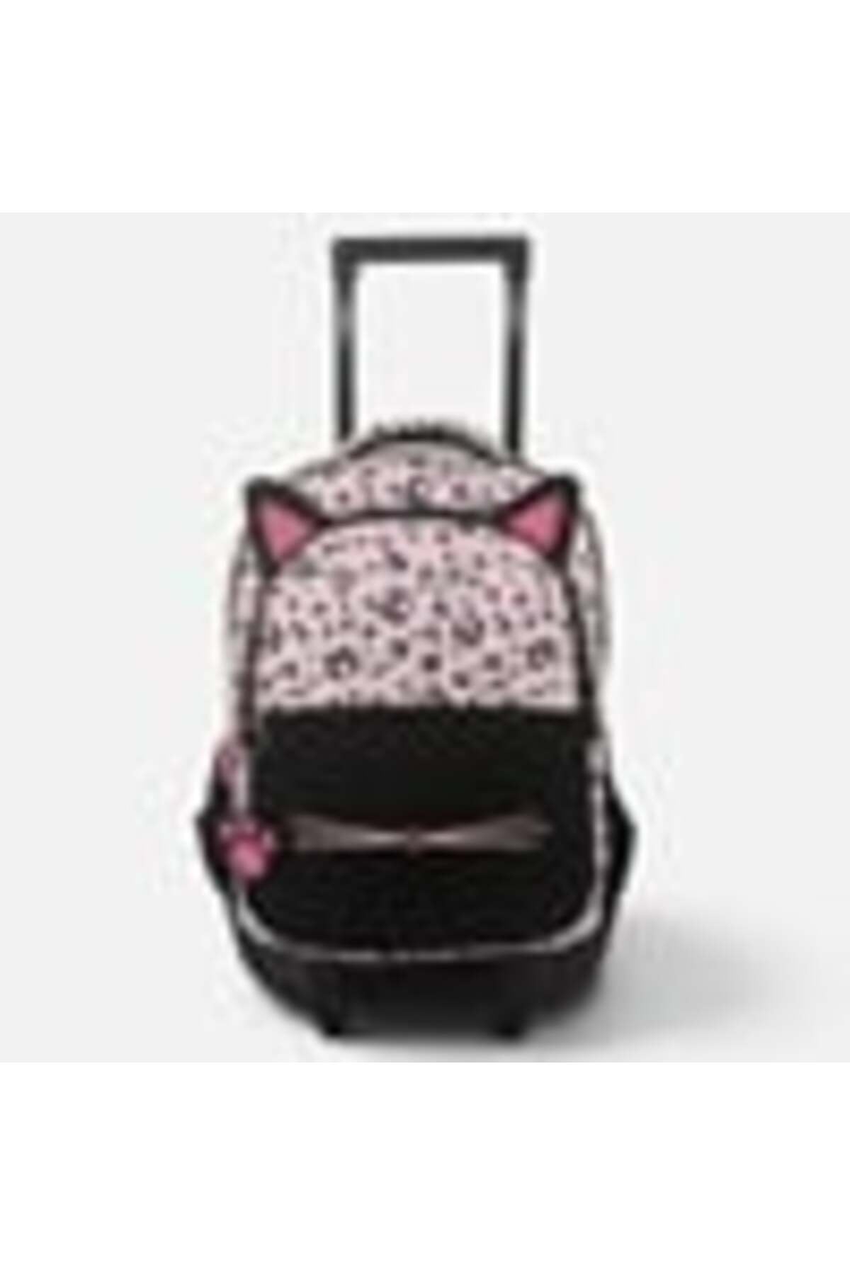 Ghiozdan Troler Scoala Primara Negru & Roz cu Leopard, Pisicuta & Breloc 33x20x38cm