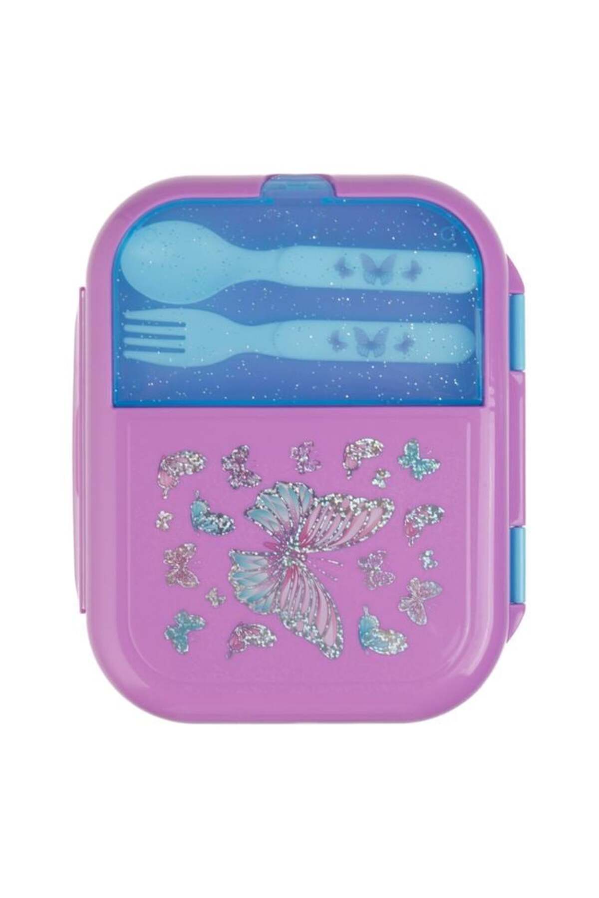 Caserola cu 3 Compartimente Lila Turcoaz Fluturi & Furculita cu Lingura 12,6 x 18 x 6 cm - 1,3 L