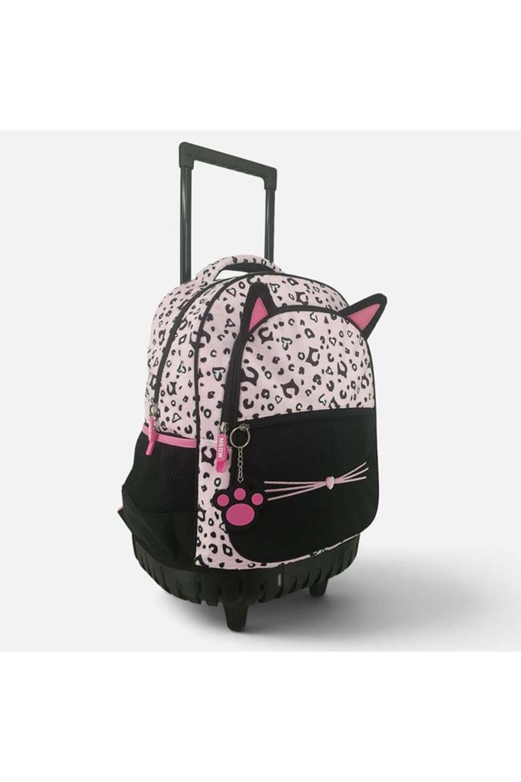 Ghiozdan Troler Scoala Primara Negru & Roz cu Leopard, Pisicuta & Breloc 33x20x38cm