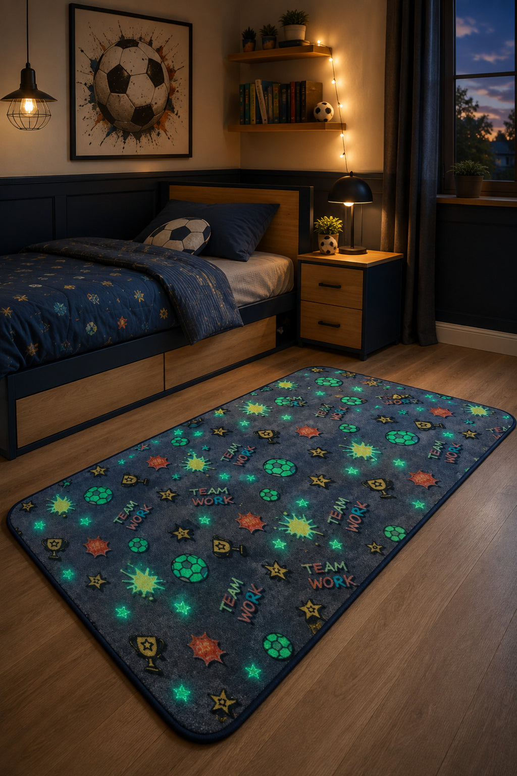 Covoras Decorativ Fosforescent Cupe & Mingi de Fotbal 140x60cm
