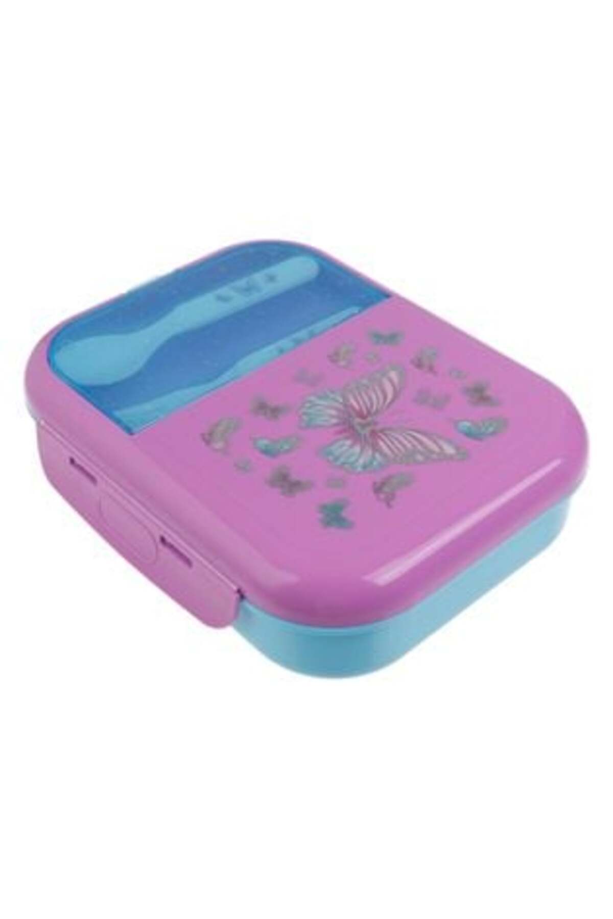 Caserola cu 3 Compartimente Lila Turcoaz Fluturi & Furculita cu Lingura 12,6 x 18 x 6 cm - 1,3 L
