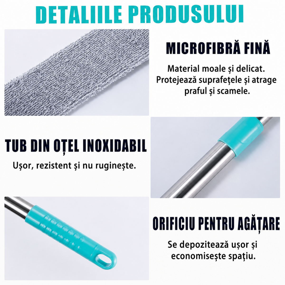Detalii mop flexibil din microfibră și mâner din oțel inoxidabil