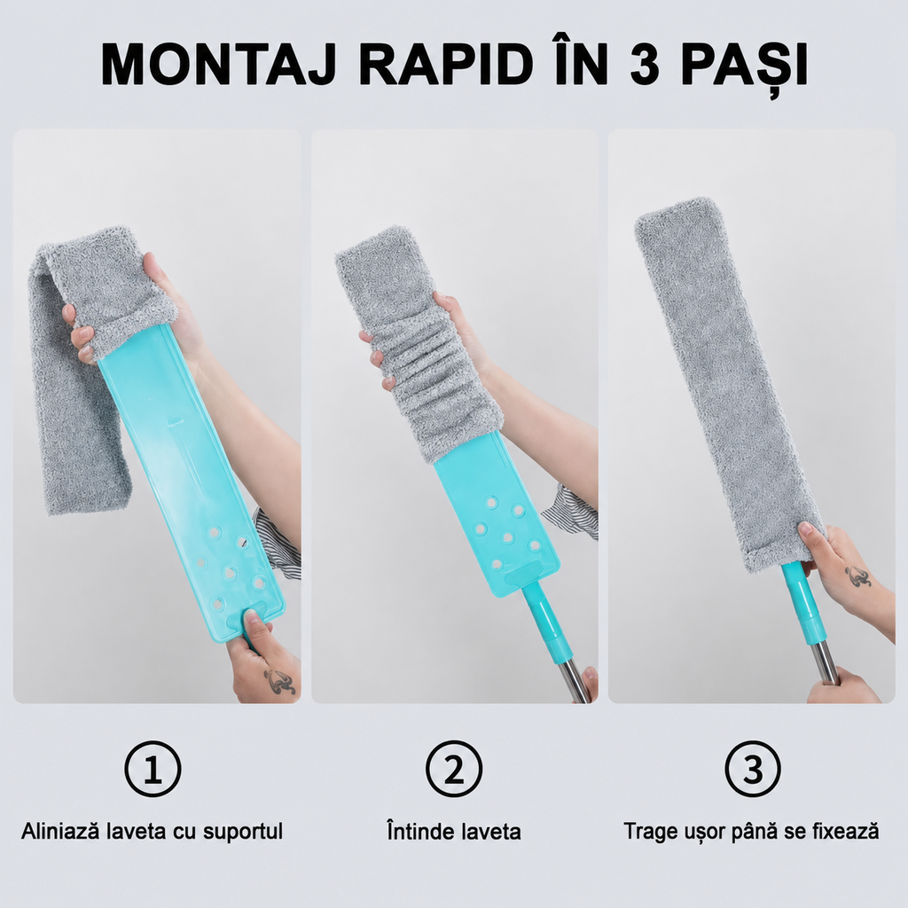 Montaj rapid în 3 pași pentru mopul flexibil din microfibră